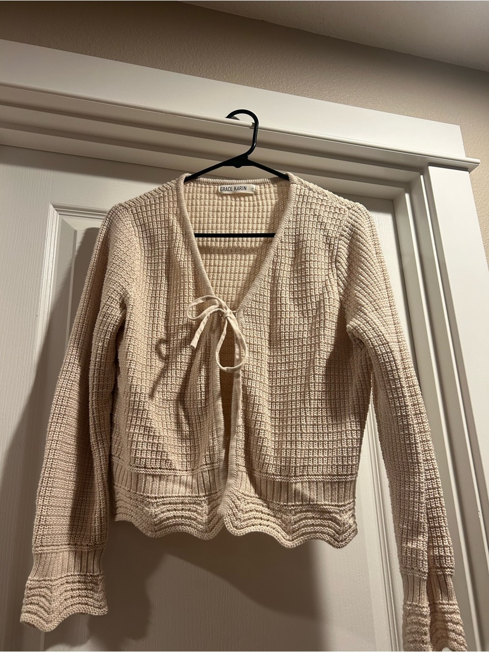 Grace Karin Beige Tie-Front Waffle Knit Cardigan